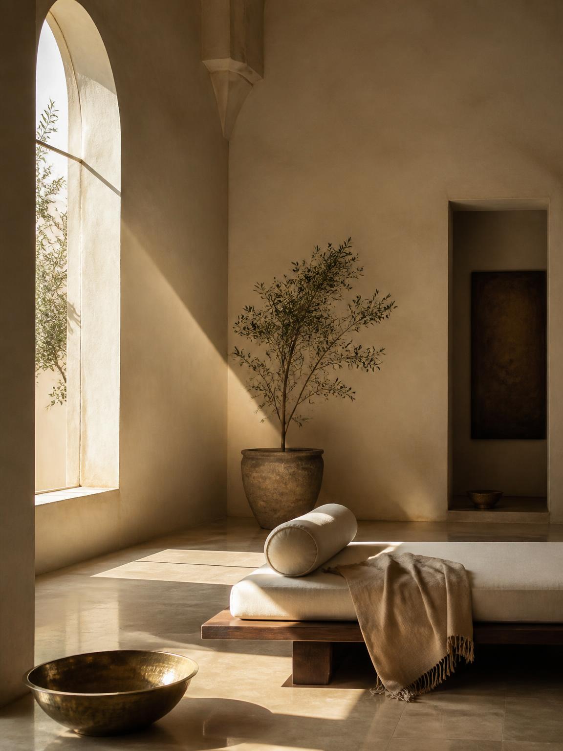 A calm plaster room with an arched window, a low daybed and a shaft of afternoon light
